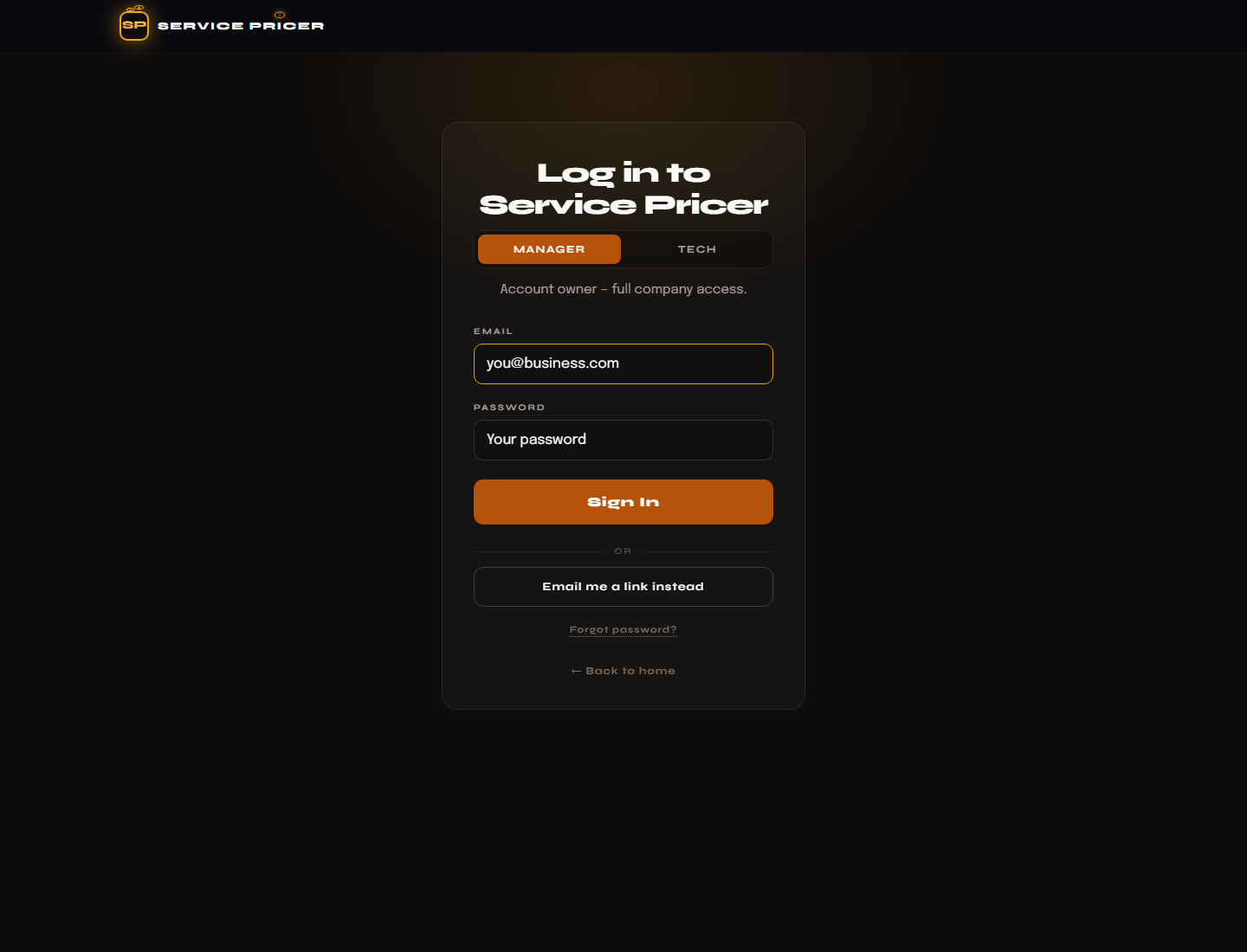 Service Pricer login screen, the front door to the operator workspace.